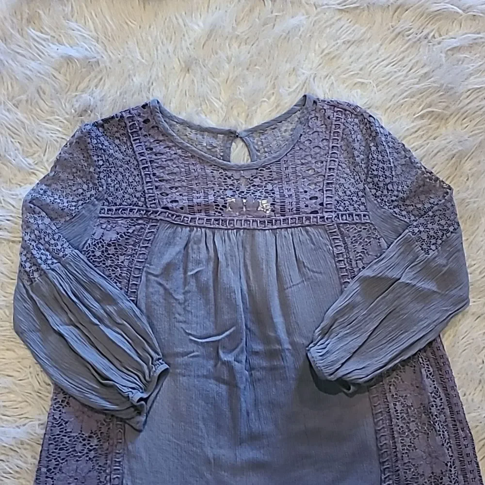 Knox rose womens blue cotton lace flowy shirt with balloon‎ sleeves size xs